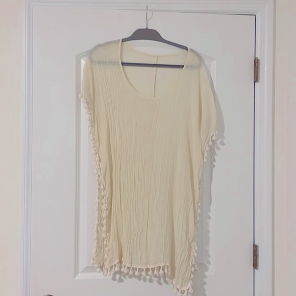 CUPSHE Women's Tassel Kaftan Cover Up Round Neck Half Sleeves Midi Mesh OS Beige - Picture 8 of 8